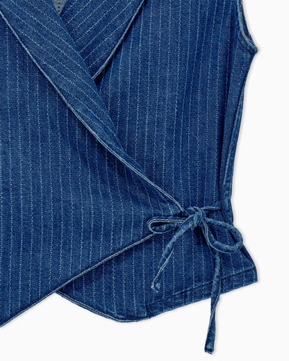 Pinstriped denim wrap waistcoat with lapels and a side tie