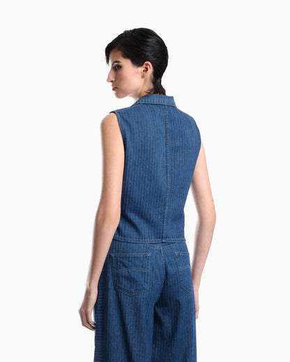 Pinstriped denim wrap waistcoat with lapels and a side tie