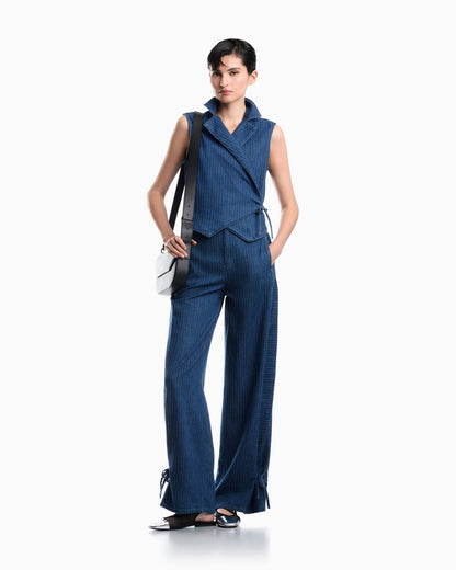 Pinstriped denim wrap waistcoat with lapels and a side tie