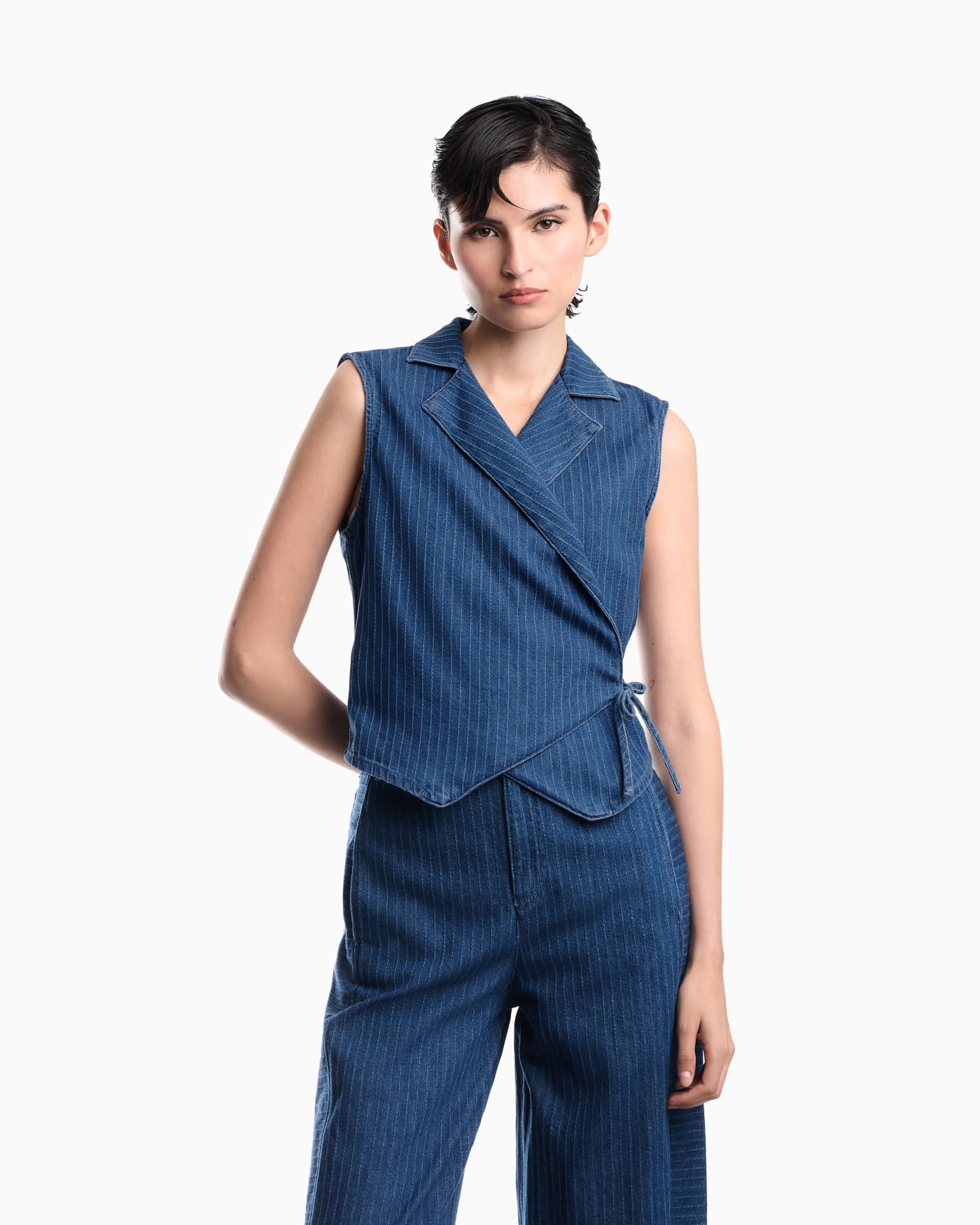 Pinstriped denim wrap waistcoat with lapels and a side tie