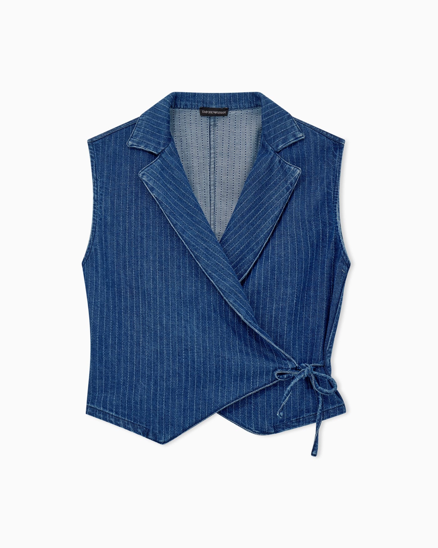 Pinstriped denim wrap waistcoat with lapels and a side tie