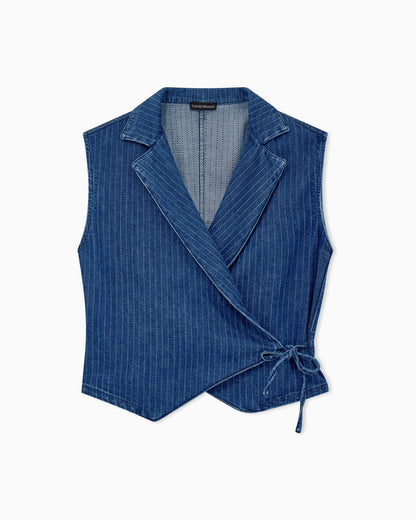 Pinstriped denim wrap waistcoat with lapels and a side tie