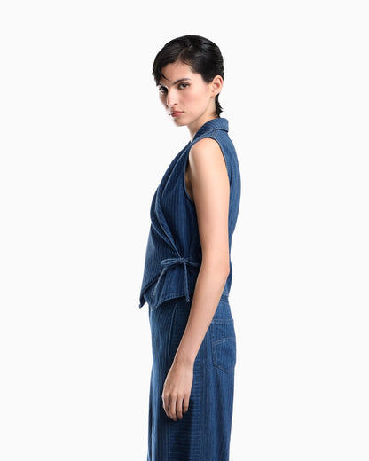 Pinstriped denim wrap waistcoat with lapels and a side tie