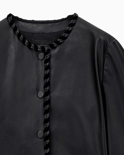 Cropped leather jacket with braided trim and button closure