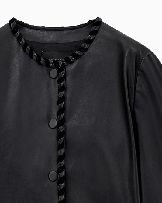 Cropped leather jacket with braided trim and button closure
