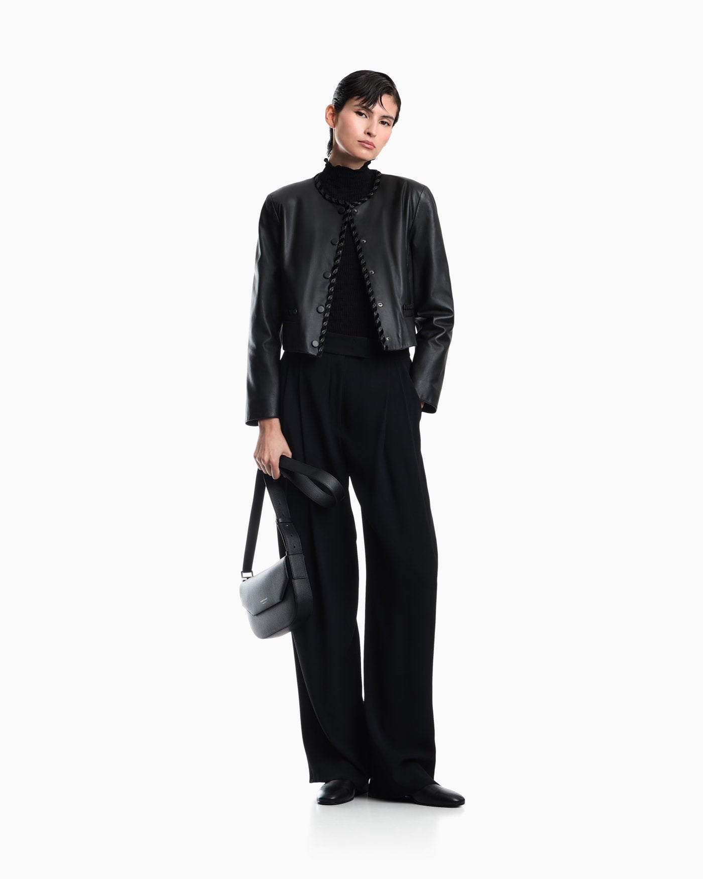 Cropped leather jacket with braided trim and button closure
