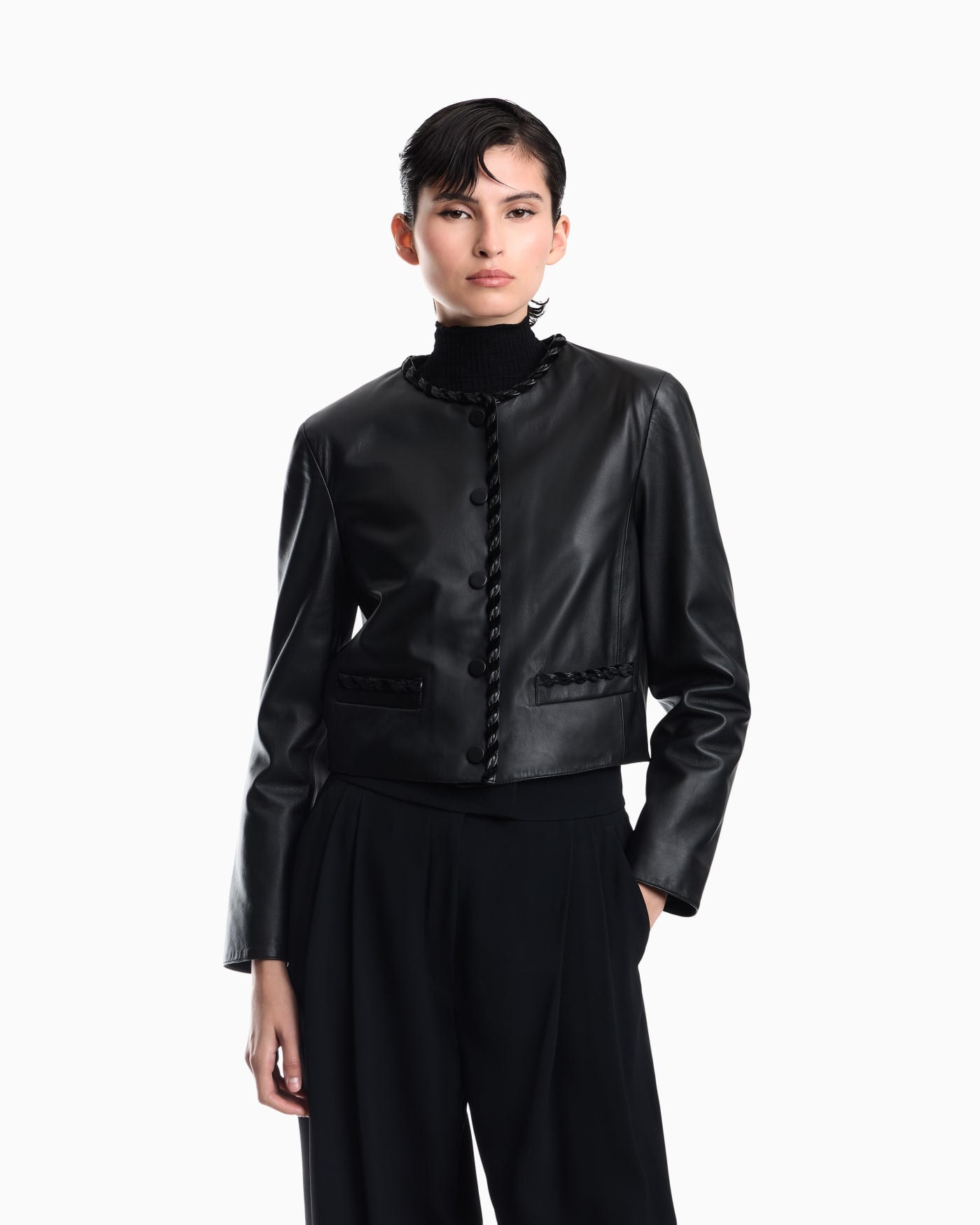 Cropped leather jacket with braided trim and button closure