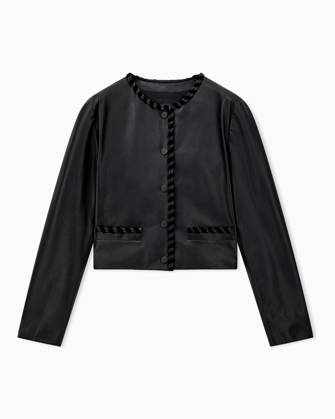 Cropped leather jacket with braided trim and button closure