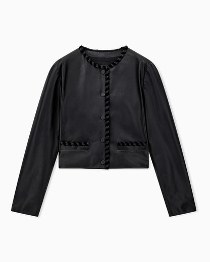 Cropped leather jacket with braided trim and button closure