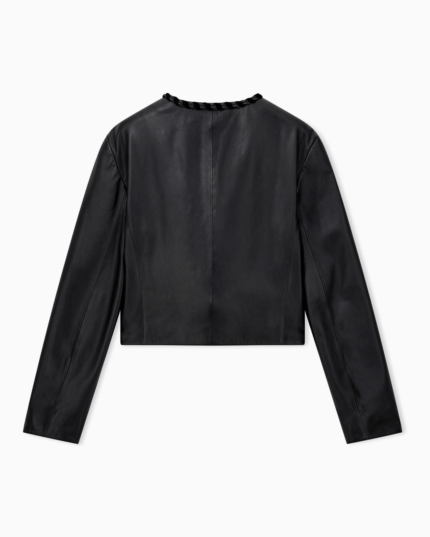 Cropped leather jacket with braided trim and button closure