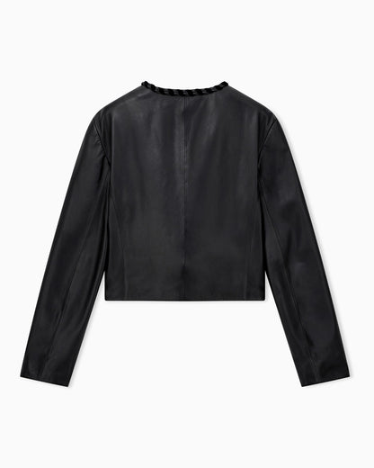 Cropped leather jacket with braided trim and button closure