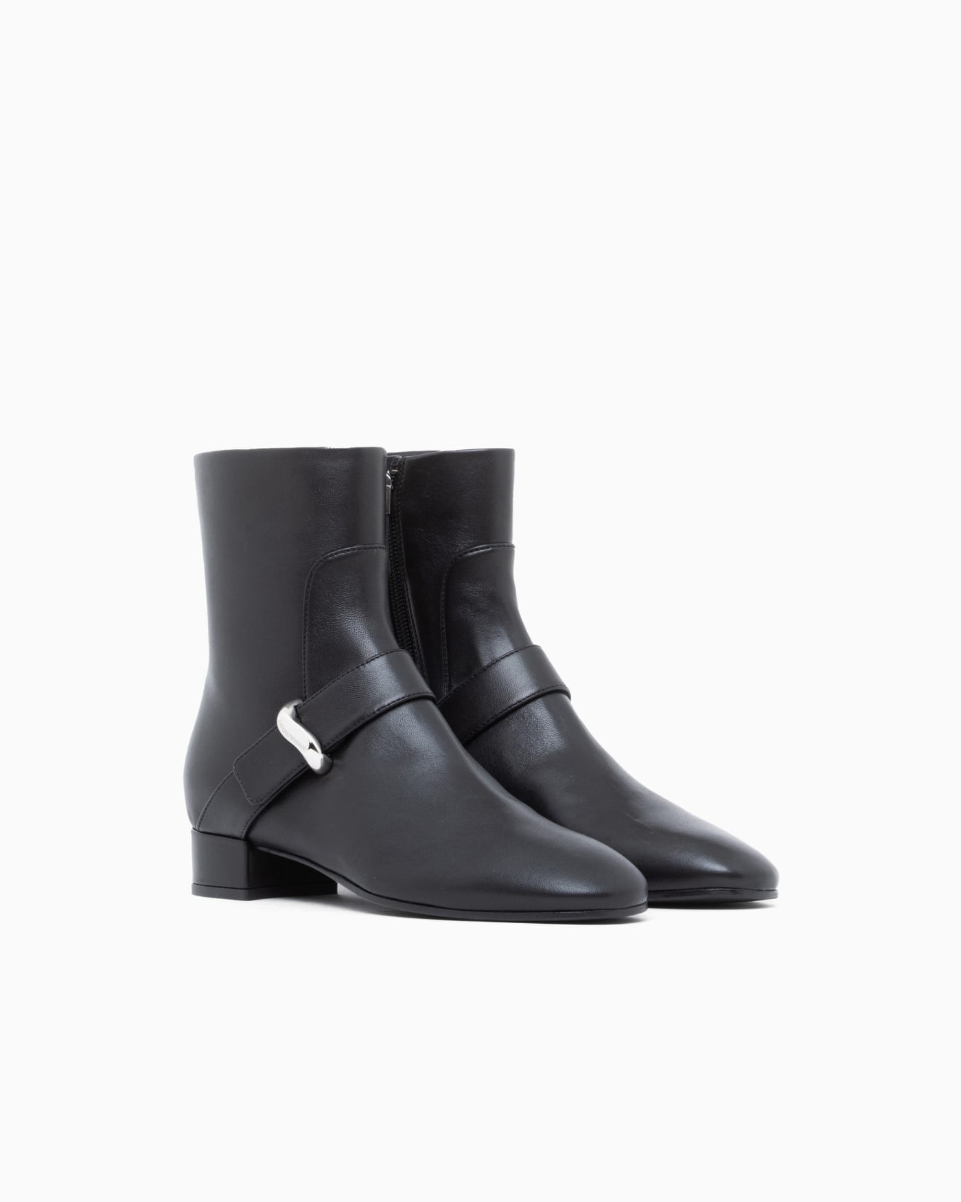 Nappa leather ankle boots with a side zip and metal buckle