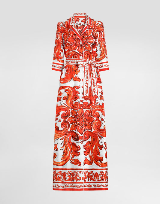Majolica-print silk robe-style coat