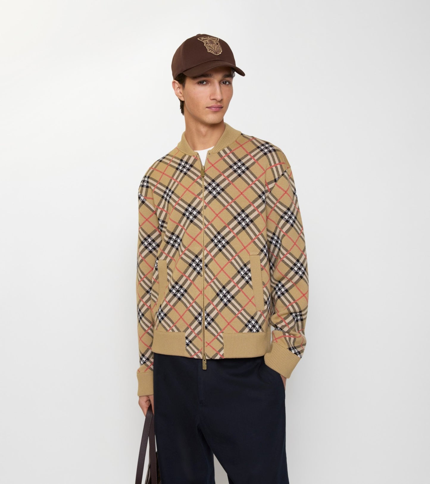 Check Cotton Wool Bomber Jacket in Sand beige
