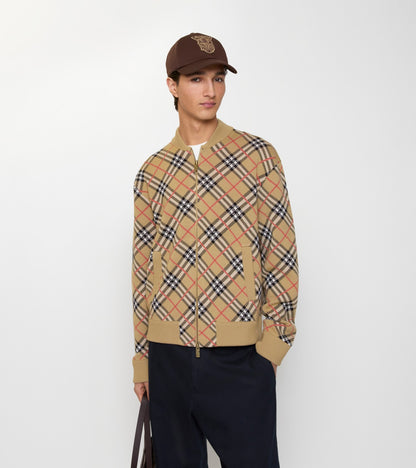 Check Cotton Wool Bomber Jacket in Sand beige