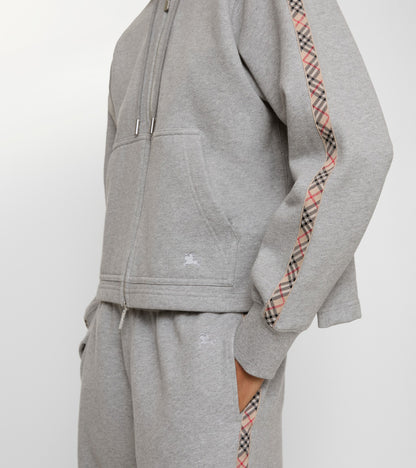 Check Trim Cotton Zip Hoodie in Pale grey melange