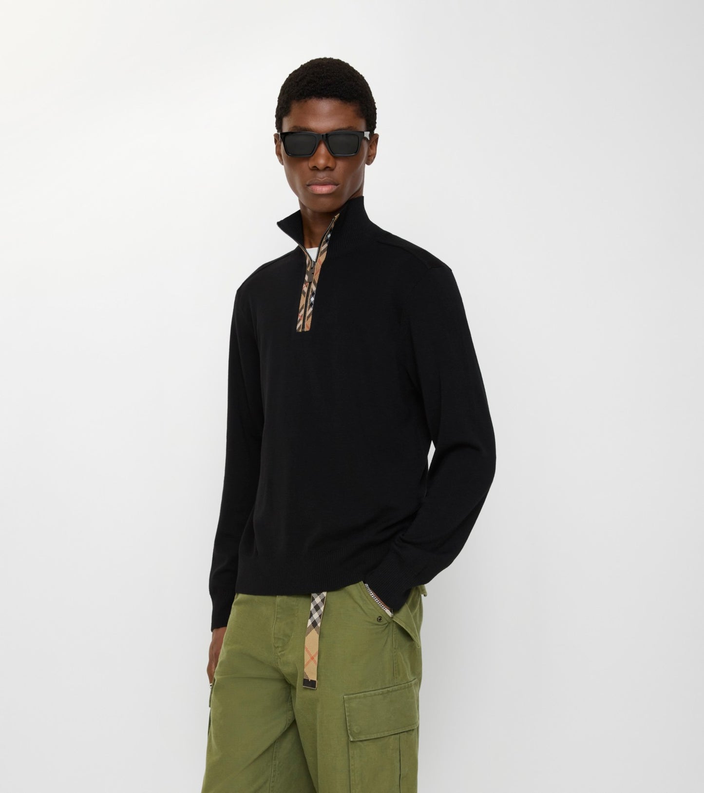 Check Trim Wool Half-zip Sweater in Black