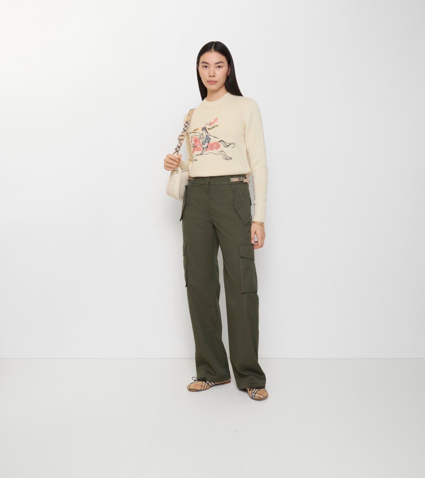 Check Trim Gabardine Cargo Trousers in Marrow green