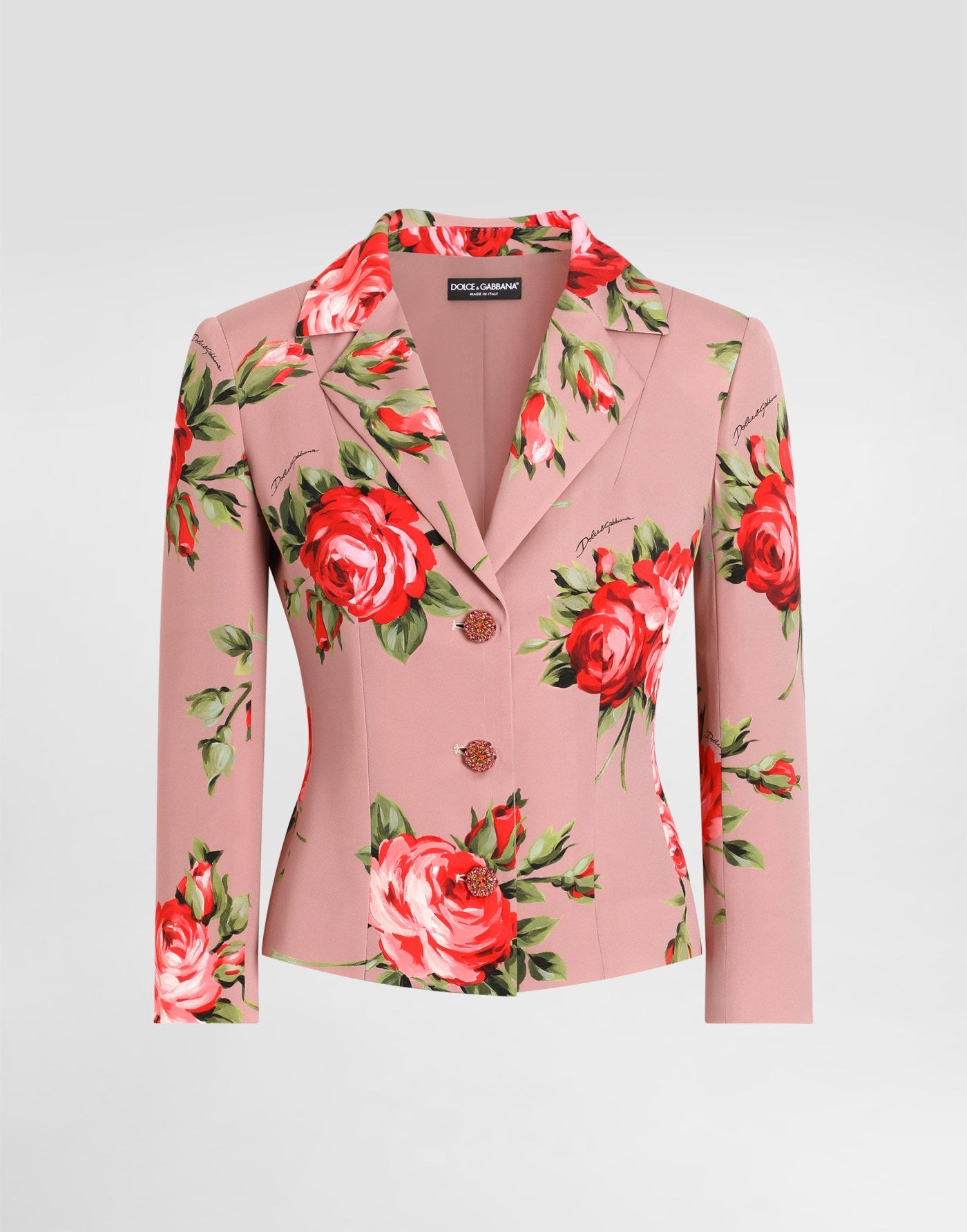 Rose bouquet-print charmeuse single-breasted jacket