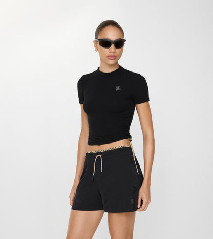 Check Trim Stretch Modal Cashmere T-shirt in Black