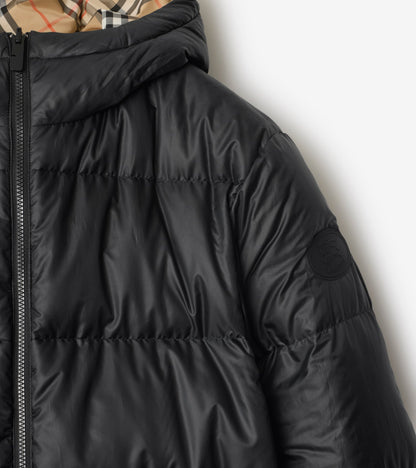 Reversible Check Hooded Puffer Jacket in Sand beige