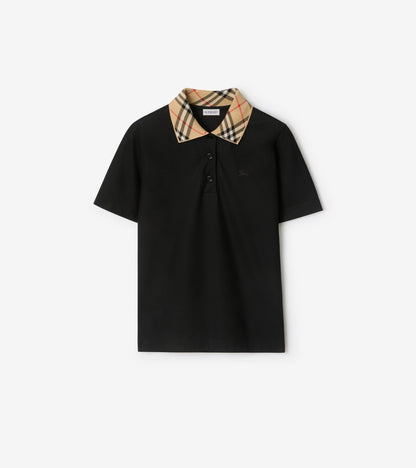 Check Collar Cotton Polo Shirt in Black