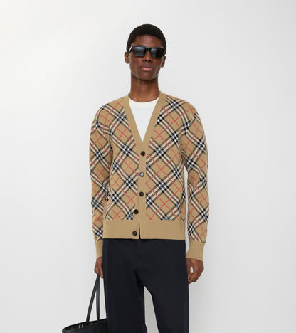 Check Cotton Wool Cardigan in Sand beige