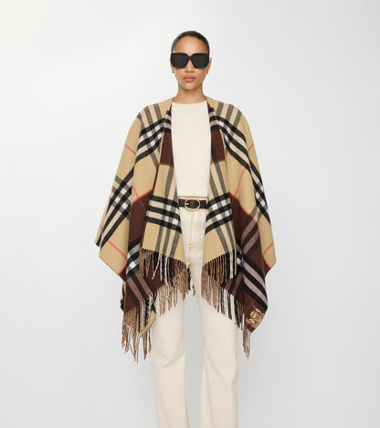Contrast Check Cashmere Wool Cape in Sand beige/treacle brown