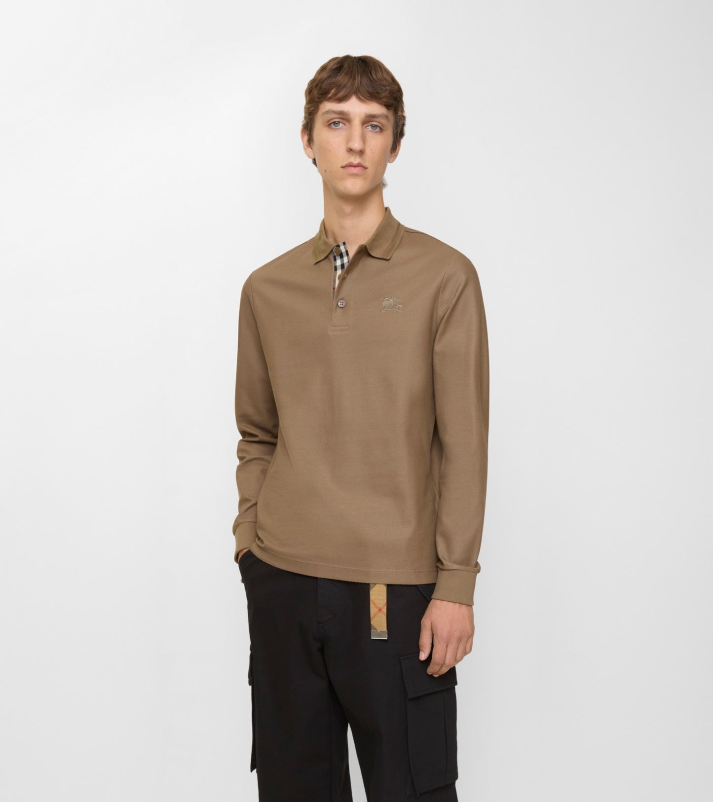 Long-sleeve Cotton Polo Shirt in Clay brown
