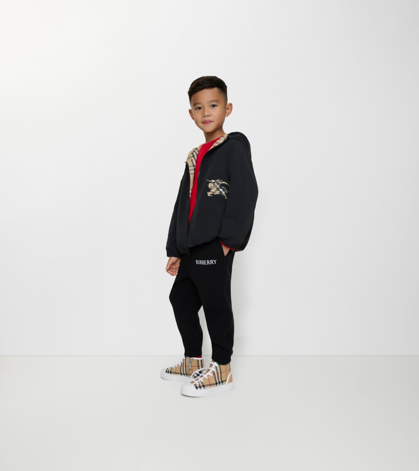 Reversible Check Hooded Jacket in Sand beige