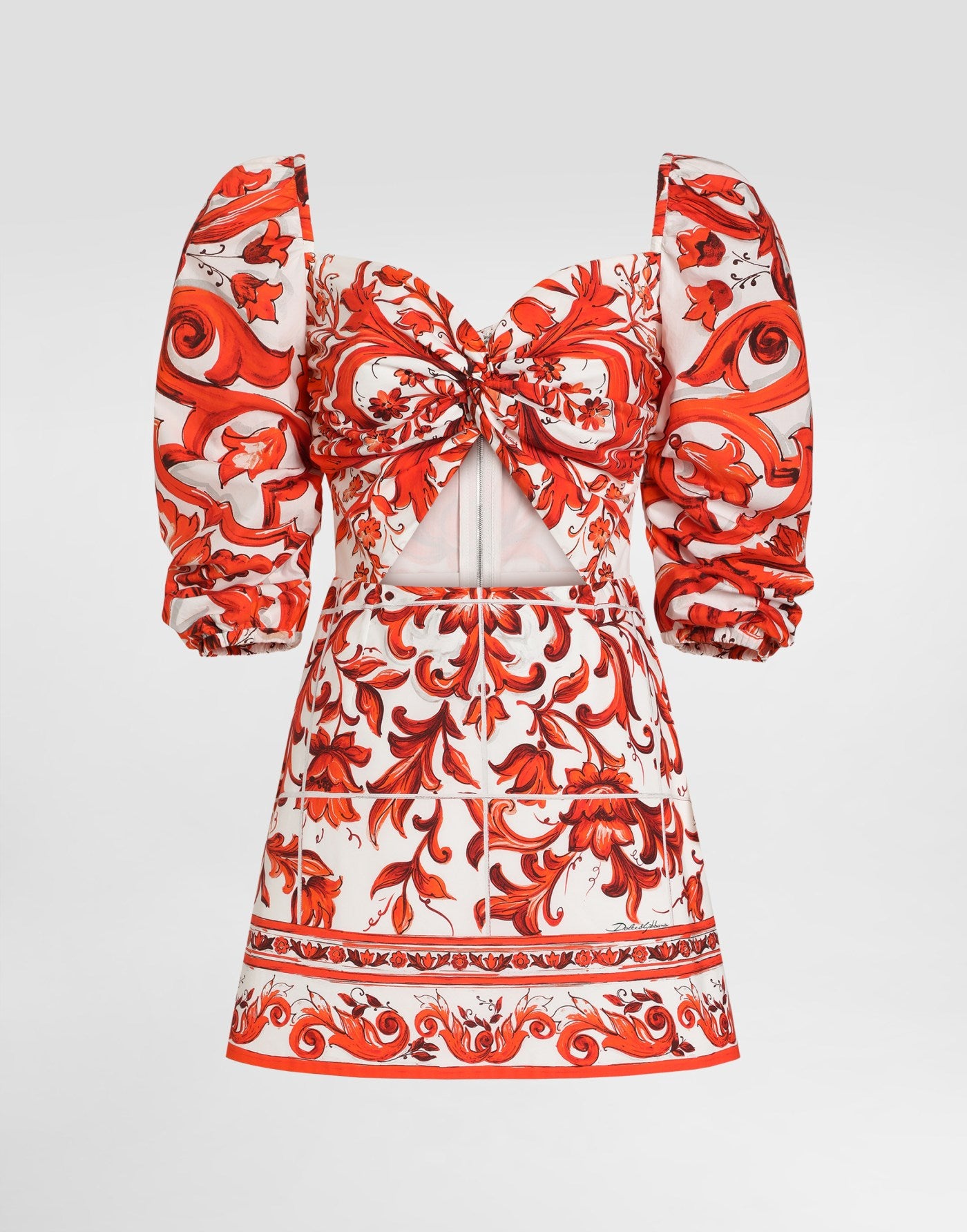 Short poplin dress in majolica-print poplin