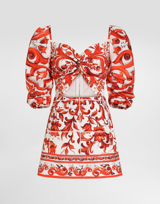 Short poplin dress in majolica-print poplin