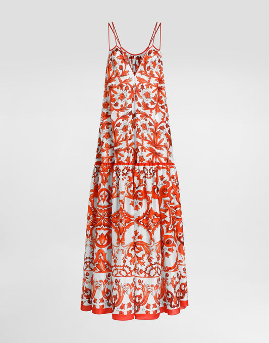 Majolica-print habotai long dress