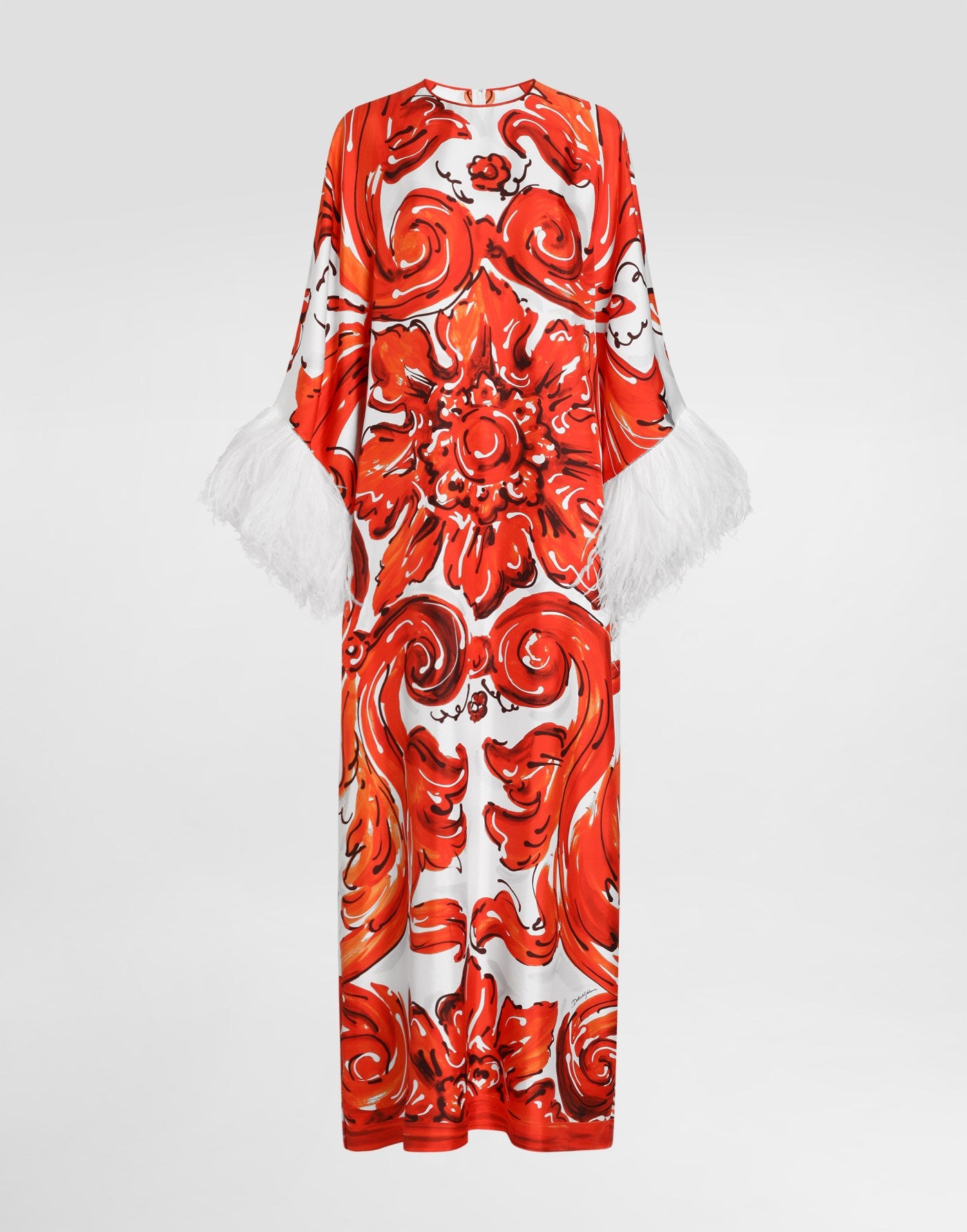 Majolica-print long kaftan dress with feather trim