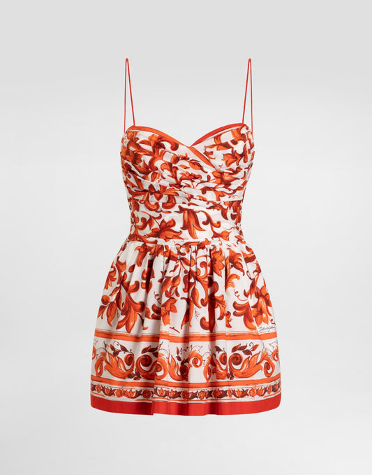 Majolica-print poplin short dress