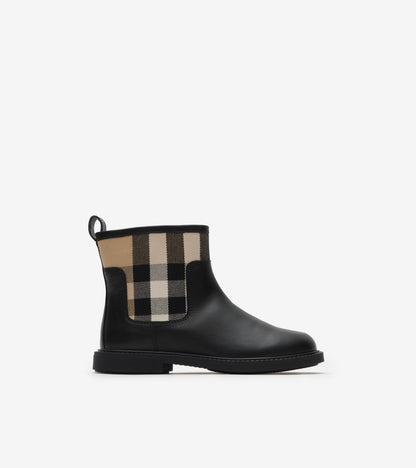 Check Panel Leather Boots in Black - Children