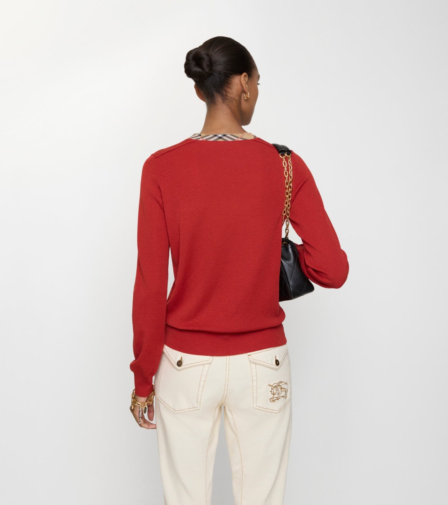 Check Trim Wool Sweater in Crimson red