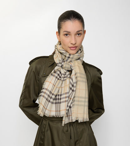 Wide Knight Check Wool Silk Scarf in Pebble white