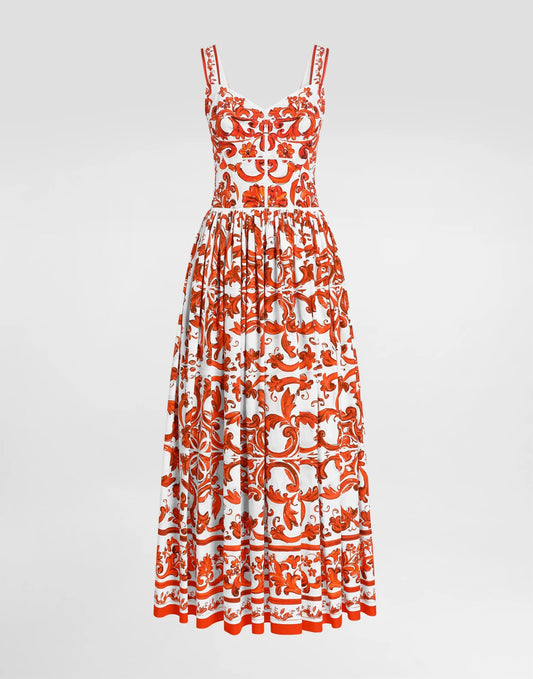 Majolica-print long poplin dress
