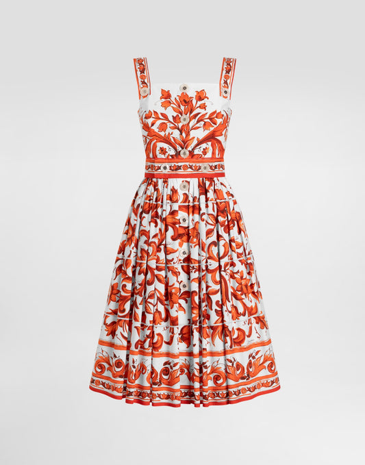 Majolica-print long poplin dress