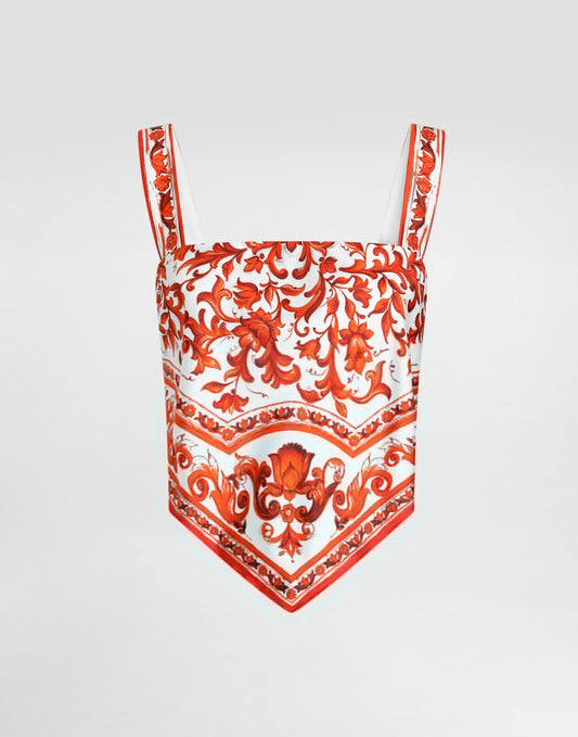 Majolica-print silk twill bustier top