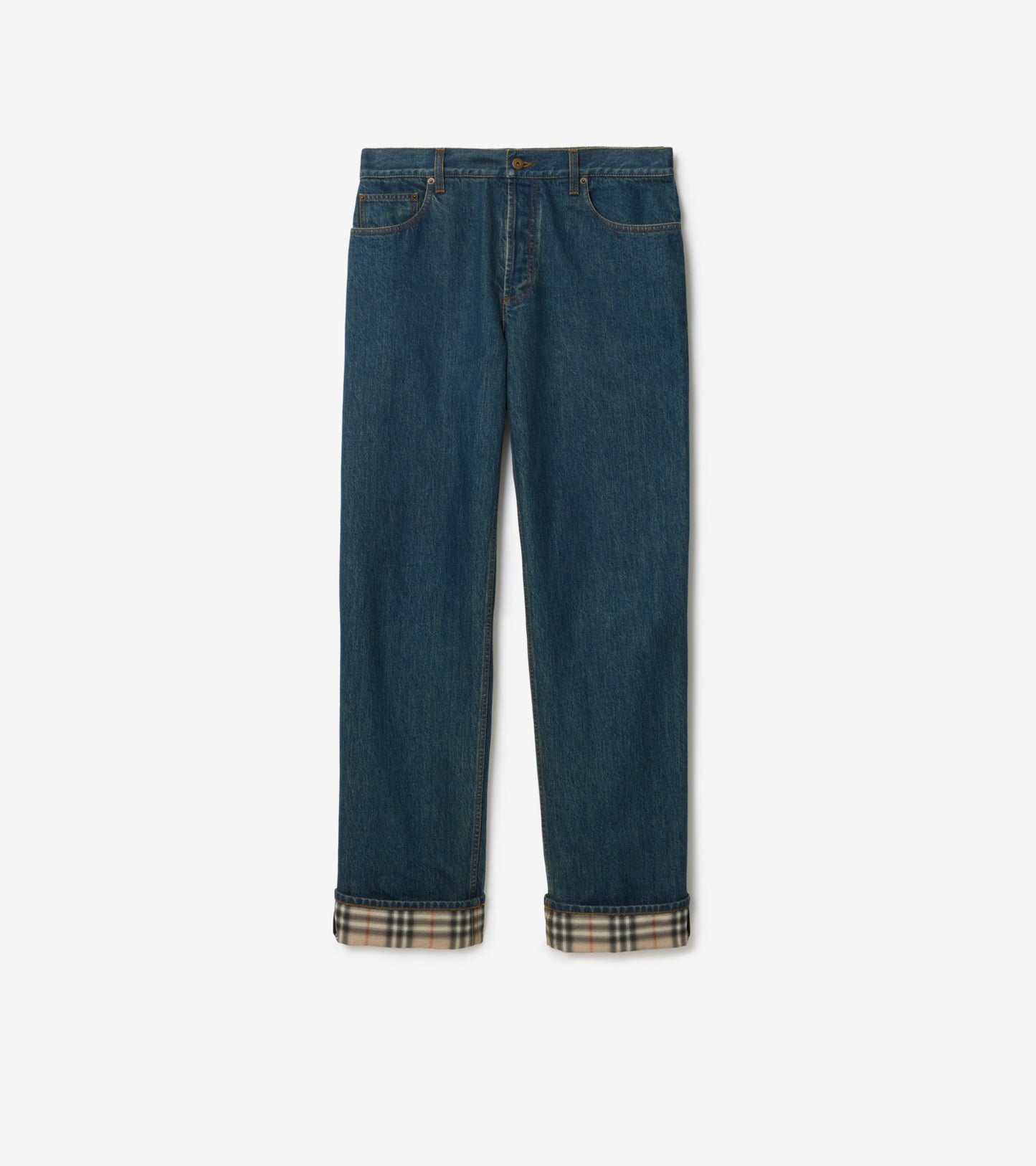 Straight Check Turn-up Jeans in Mid blue