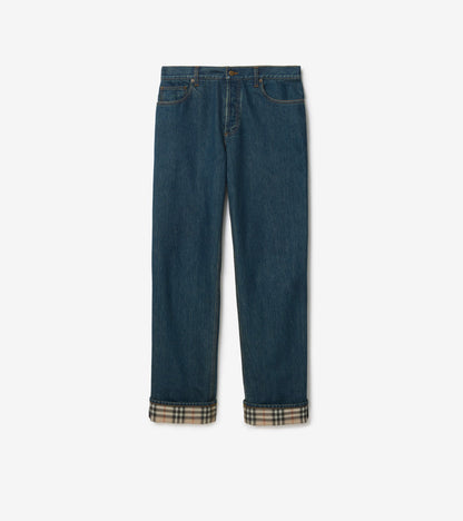 Straight Check Turn-up Jeans in Mid blue