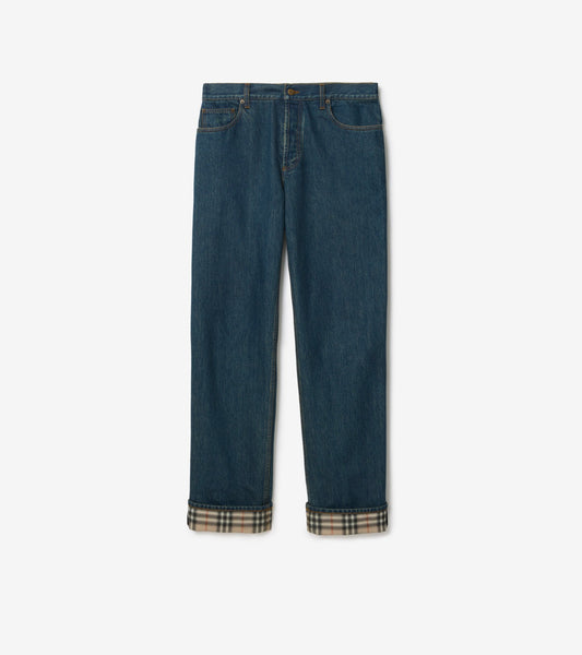 Straight Check Turn-up Jeans in Mid blue