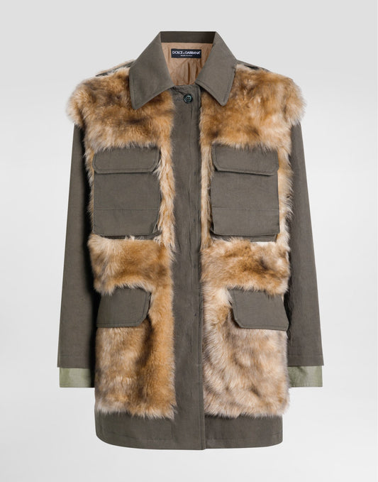 Long jacket in resin-coated gabardine
