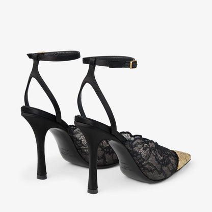 Faiz 100 Black Jimmy Choo Lace Pumps with Metal Lace Detail