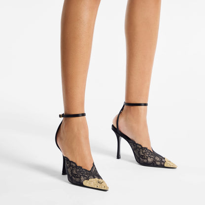 Faiz 100 Black Jimmy Choo Lace Pumps with Metal Lace Detail