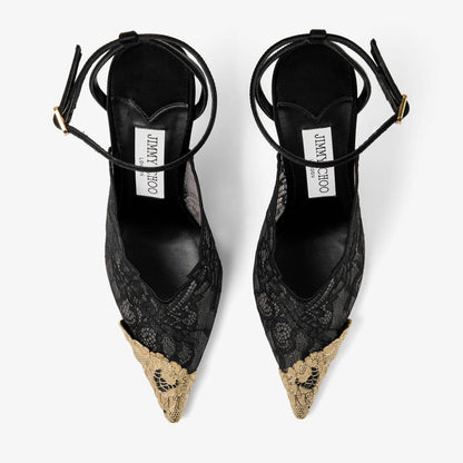 Faiz 100 Black Jimmy Choo Lace Pumps with Metal Lace Detail