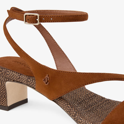 Faye 45 Tan Suede and Fine Raffia Sandals
