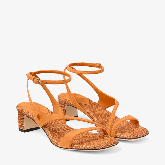 Faye 45 Sunset Orange Suede and Fine Raffia Sandals